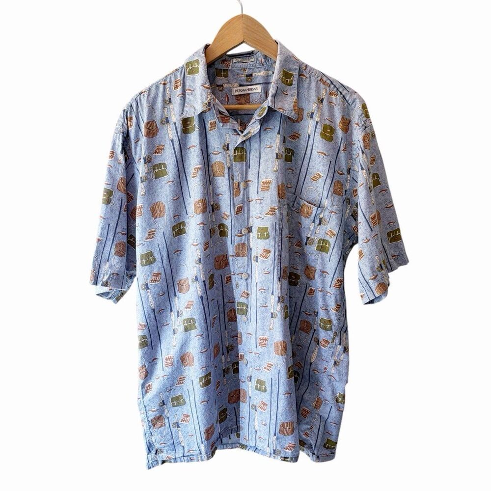 Vintage Burma Bibas Fishing Print Button Up Shirt Men’s Large Cotton Camp
